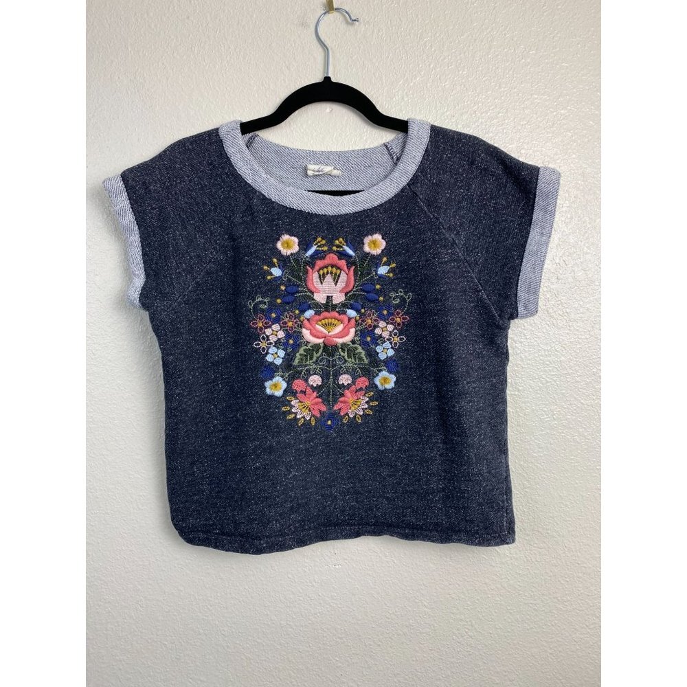 White Crow Floral Embroidered Boxy Shirt Gray Womens Size Small Boho Festival